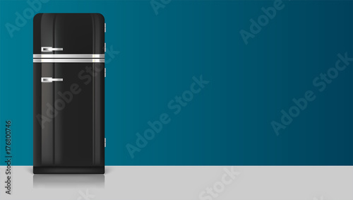 Realistic vintage black fridge icon. Template with retro vintage fridge for advertisement on horizontal long backdrop. 3D illustration with place for text. Realistic vintage black fridge icon