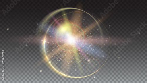 Circular light rays and lens flare backdrop, Isolated on trasparent. Glow light effect. Star burst with sparkles. Abstract bright motion background. Dynamic digital, technology horizontal backdrop