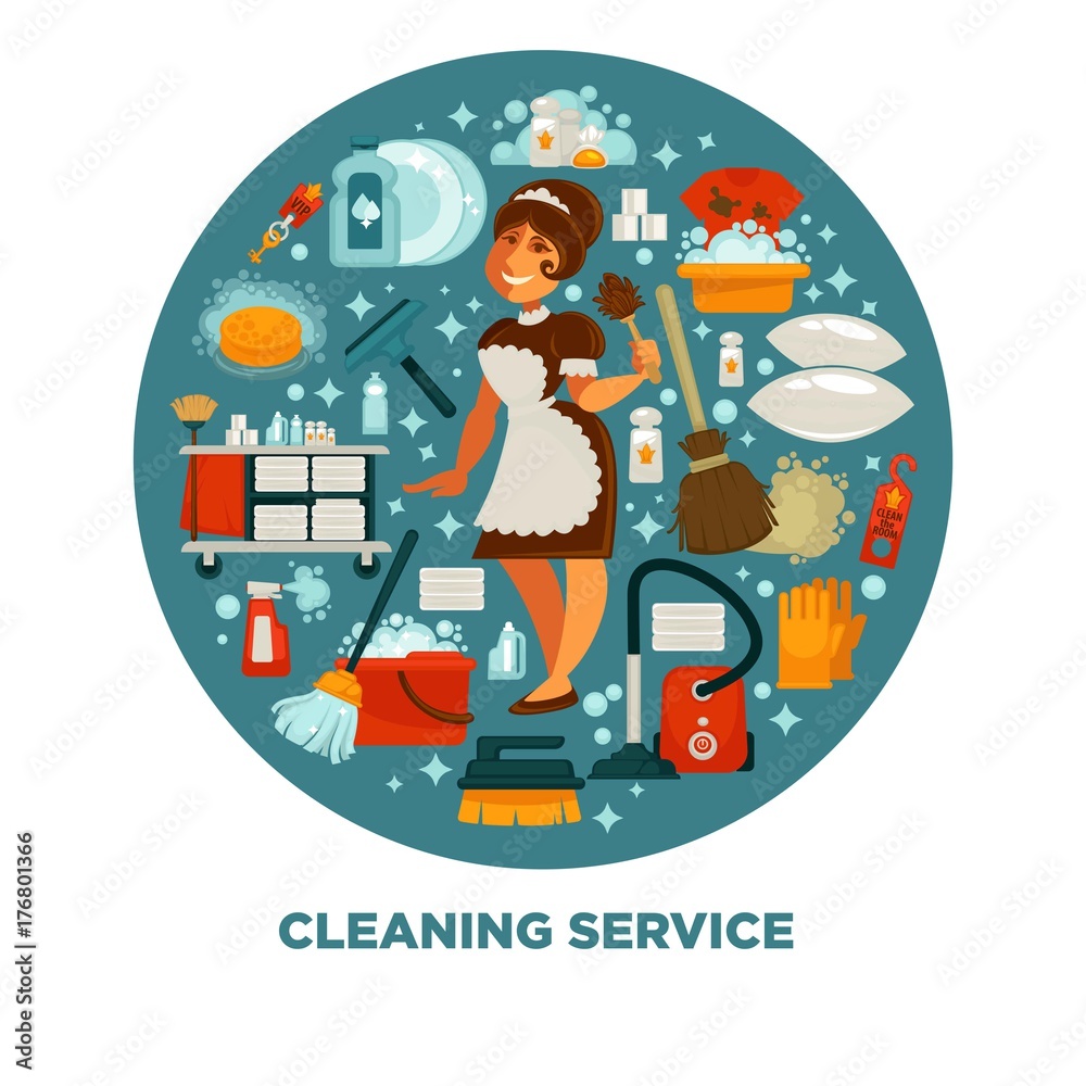 Maid in uniform surrounded with equipment for cleaning isolated vector illustration.