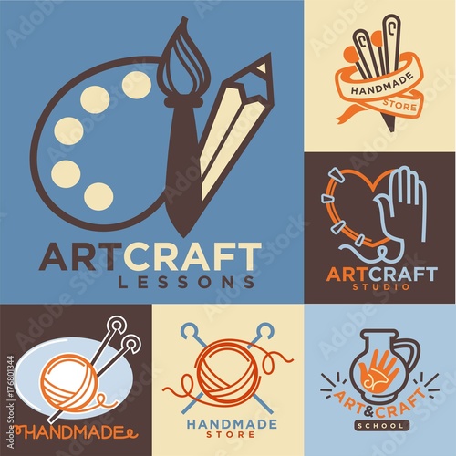 Handmade workshop logo badges with pictures isolated on white.