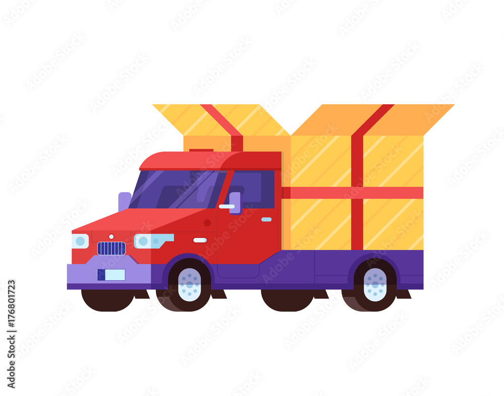 Delivery truck with opened gift box vector illustration in flat design. Cartoon van with present or package. Red cargo car. Delivering service icon.