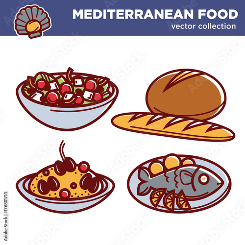 Mediterranean cuisine food traditional dishes vector icons set for restaurant menu
