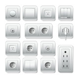 Socket electirc outlet, light switch and cable inlet vector 3D icons