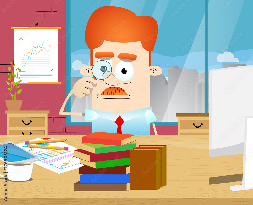Businessman looking for investment opportunity in an office. Vector illustration of cartoon business concept. Businessman looking for investment opportunity in an office. Vector illustration of cartoon business concept.