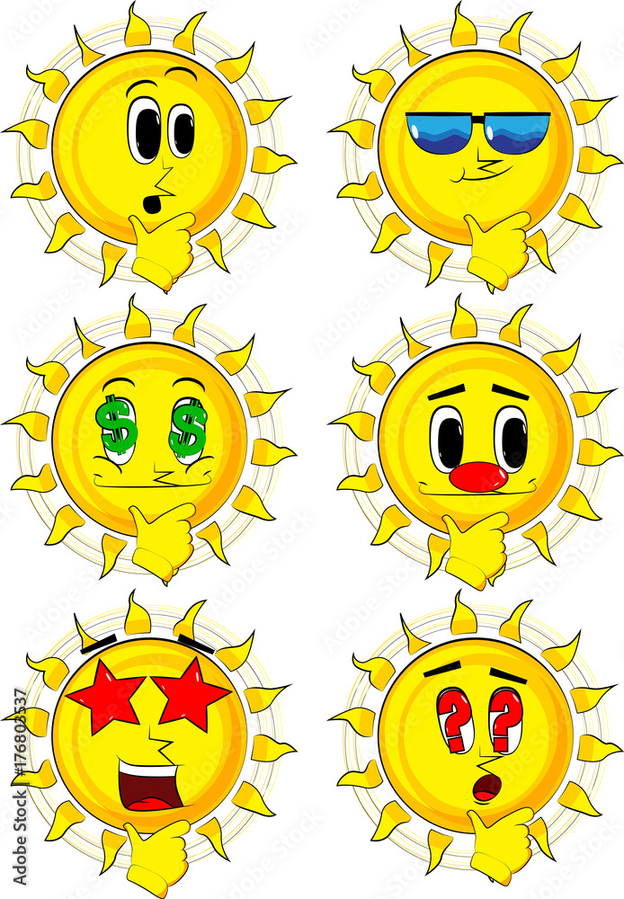 Cartoon sun thinking. Collection with various facial expressions. Vector set.