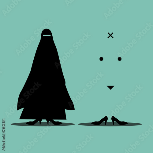 Abstract concept of east and west women using stereotype clothes. Vector illustration. Modern minimalistic design.