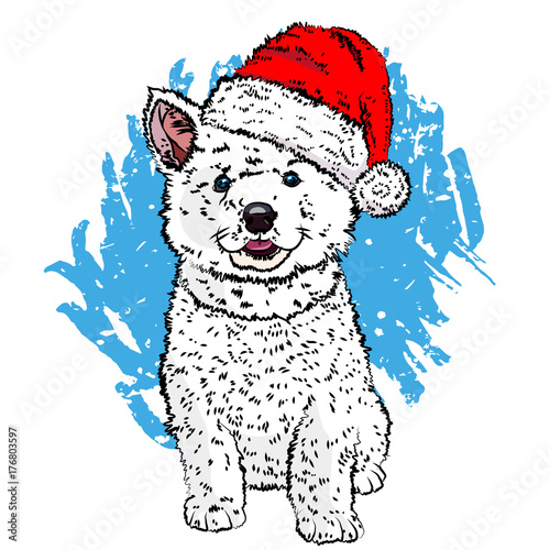 Cute malamute puppy in a New Year hat. White dog sketch. Vector illustration eps 10.