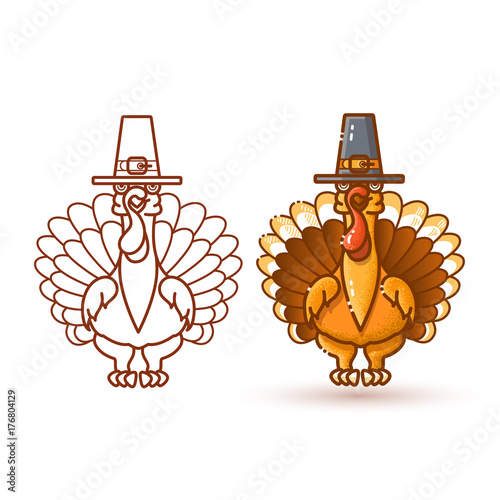 Cartoon Turkeys in pilgrim hat. Thanksgiving vector illustration