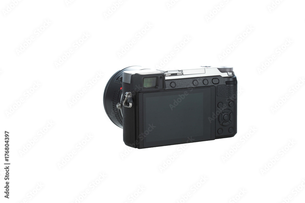 view from back compact camera isolated with white background view from back compact camera isolated with white background