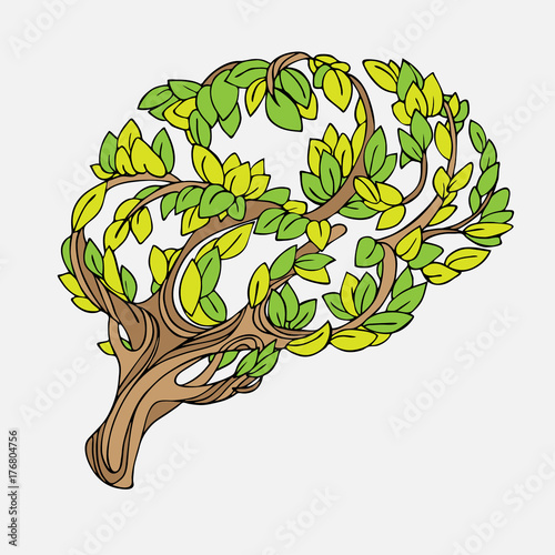 Healthy brain vector concept illustration. Tree and leaves in form of brain. Hand draw helthy conceptual brain illustration