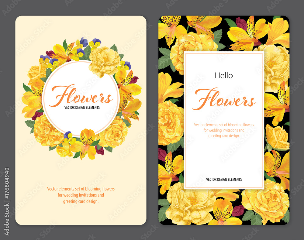 Fototapeta premium \\Beautiful alstroemeria lily flowers with roses on black and yellow background template. Vector set of blooming floral for wedding invitations and greeting card design.