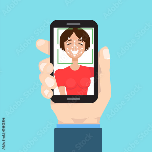 Biometric identification, face recognition system concept. smartphone in hand. Vector illustration.