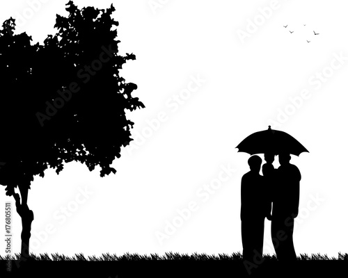 Grandmother and grandfather walking under umbrella with grandchild in park, one in the series of similar images silhouette