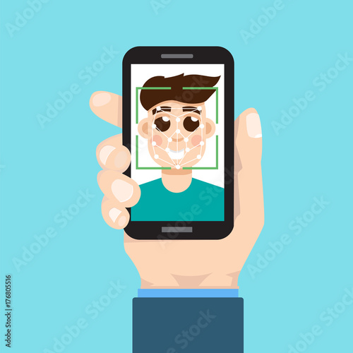 Biometric identification, face recognition system concept. smartphone in hand. Vector illustration.