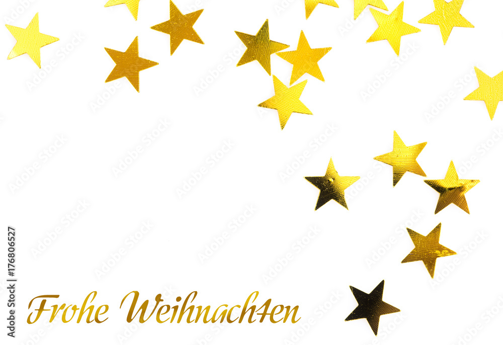 gold stars with german text frohe Weihnachten - in english Merry christmas