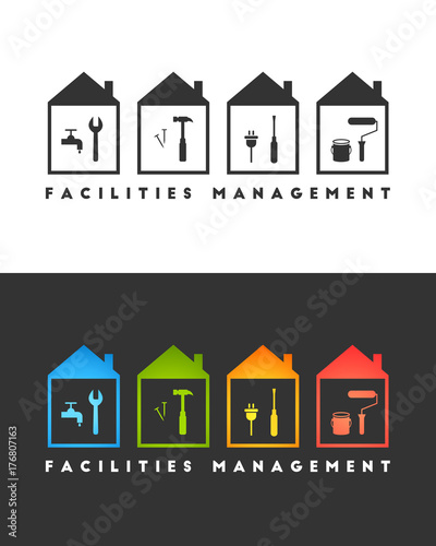 Facilities managment logo concept. Wrench, hammer, screwdriver amd paint roller icons. 