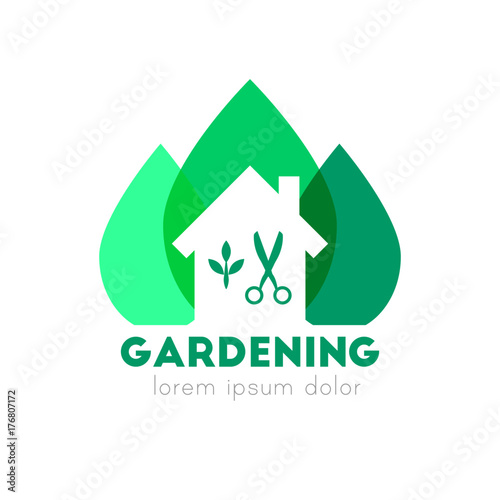 Gardening logo concept with house and green hedge bushes