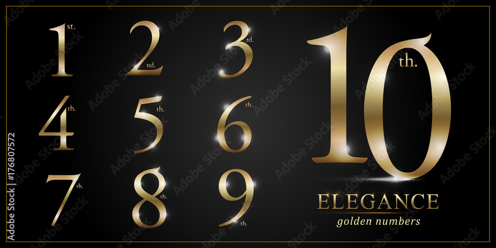 Set of Elegant Gold Colored Metal Chrome numbers. 1, 2, 3, 4, 5, 6, 7, 8,  9, 10, logo design, Golden metallic font typography numbers set. Vector  illustration Stock Vector | Adobe Stock