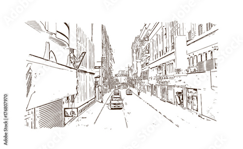 Hand drawn sketch of Mina bazaar Bur Dubai in vector Illustrator. Dubai United Arab Emirates.