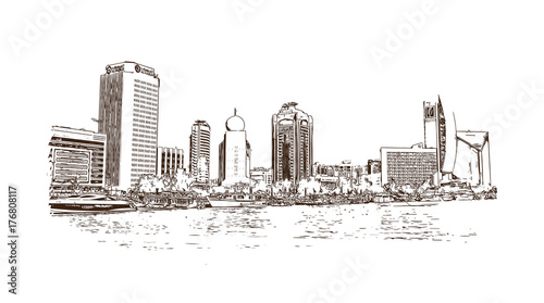 Hand drawn sketch of Dubai crick Abra in vector Illustrator. Dubai United Arab Emirates.