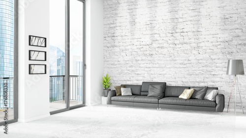 Brand new white loft bedroom minimal style interior design with copyspace wall and view out of window. 3D Rendering.