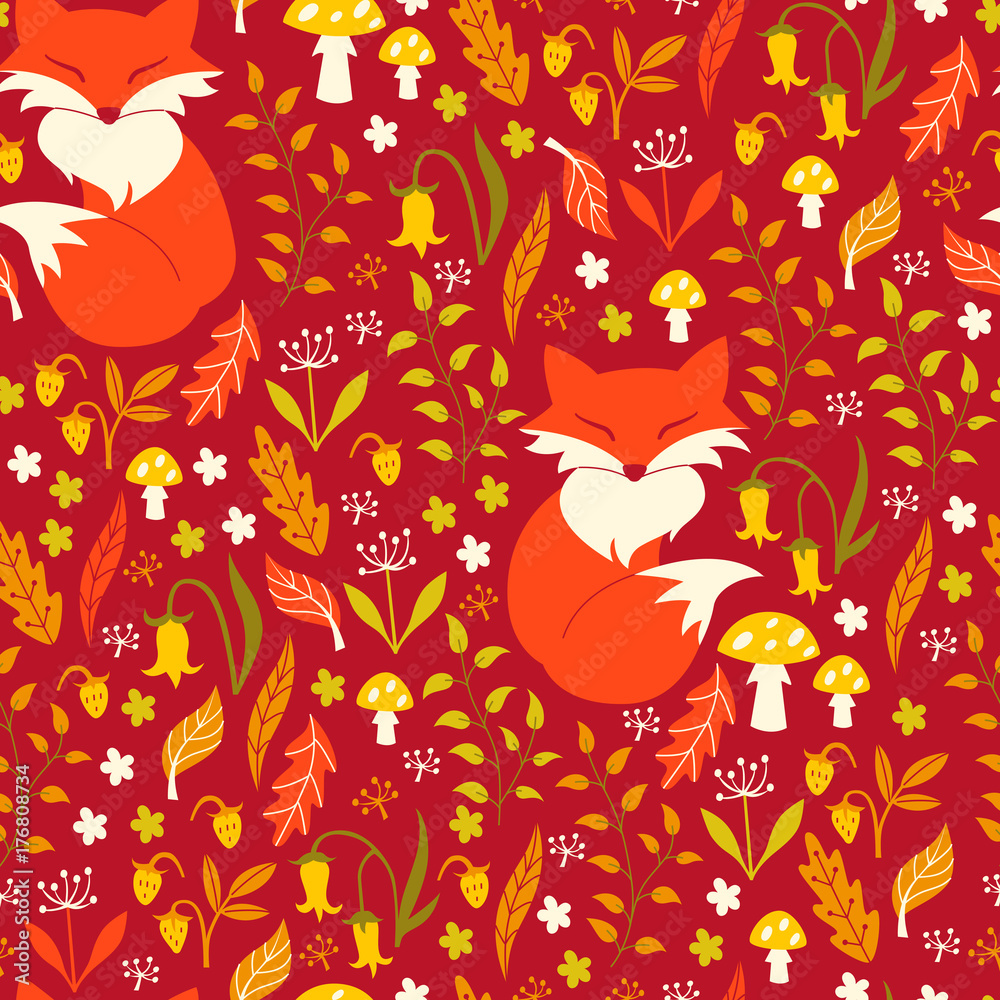 Fototapeta premium Fox in Autumn Forest. Vector Illustration.