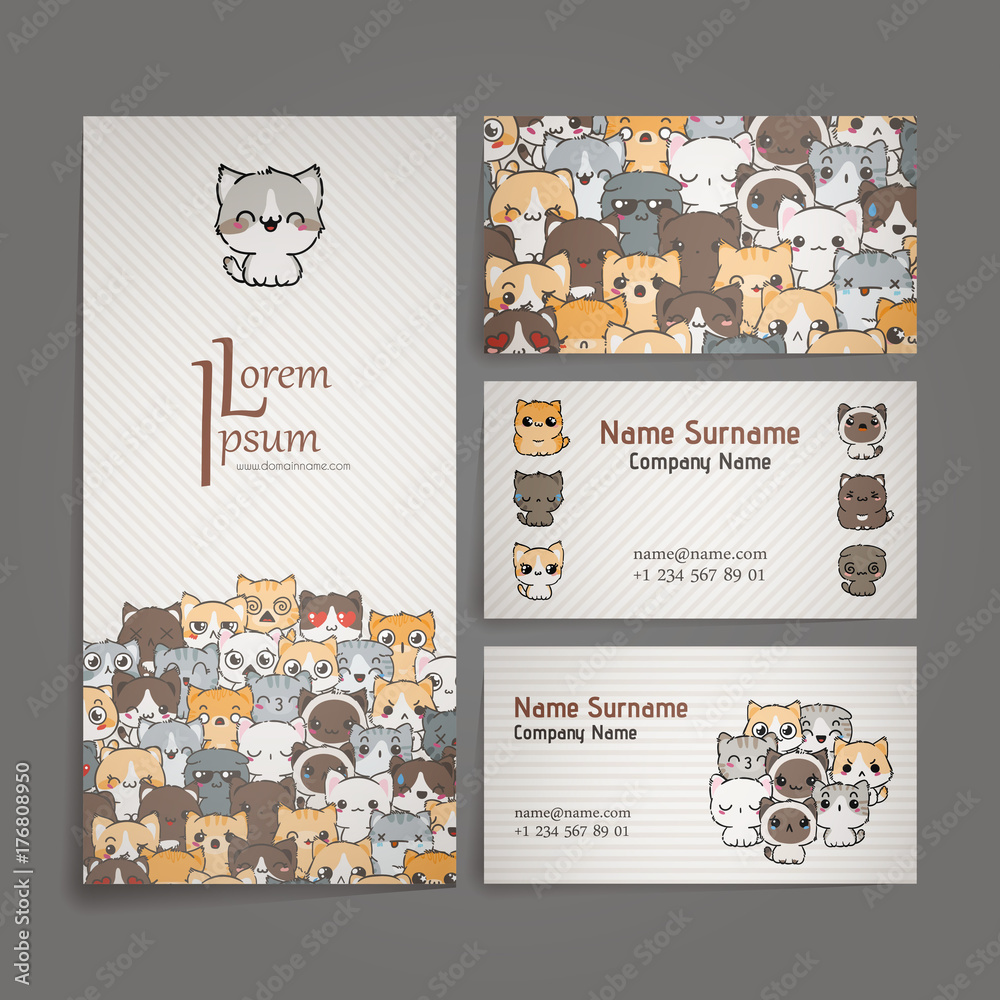 Set of card templates with cute cartoon cats and dogs with different ...