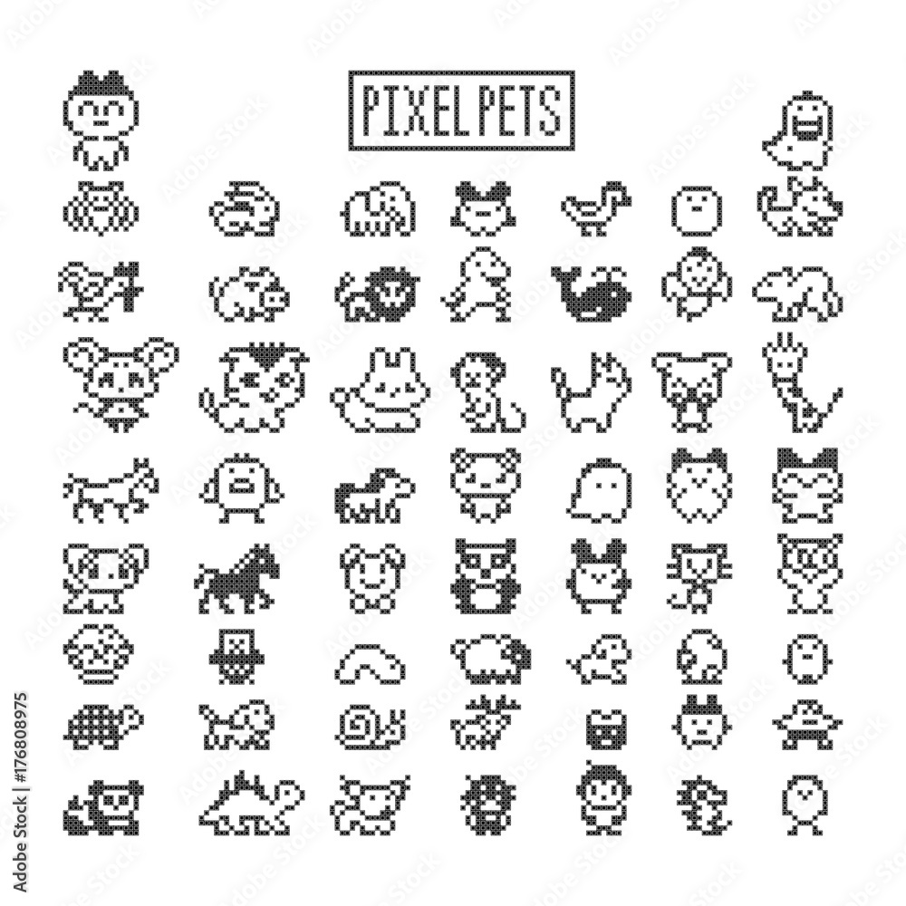 Collection of pixel animals like vintage personal game.
