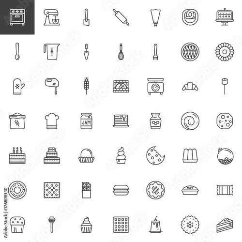Sweets dessert and kitchen utensils line icons set, outline vector symbol collection, linear style pictogram pack. Signs, logo illustration. Set includes icons as oven, sweets, chef hat, cake, dessert