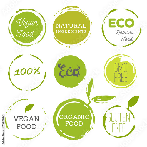 Healthy food icons, labels. Organic tags. Natural product elements. Logo for vegetarian restaurant menu. Raster illustration. Low fat stamp. Eco product.