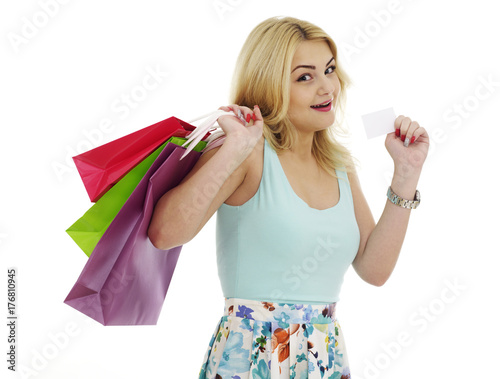 Girl with shopping bags and business card