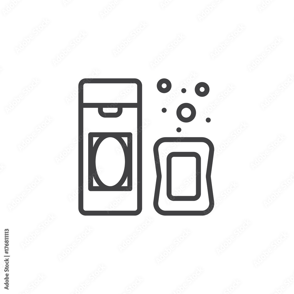 Shampoo and soap line icon, outline vector sign, linear style pictogram isolated on white. Symbol, logo illustration. Editable stroke Shampoo and soap line icon, outline vector sign, linear style pictogram isolated on white. Symbol, logo illustration. Editable stroke