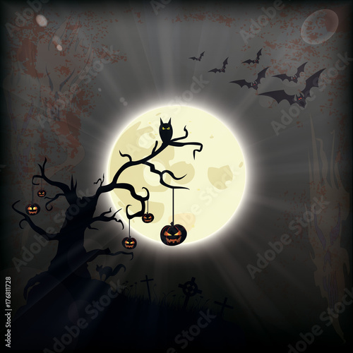Halloween Full Moon Bats Cemetery Pumpkins