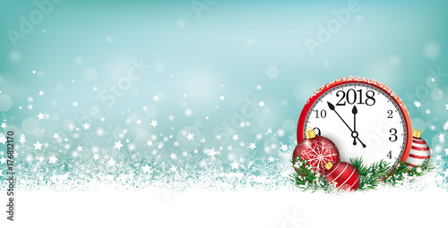 Cyan Christmas Card Header Snowflakes Clock 2018