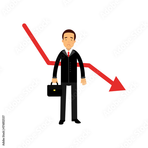 Stressed businessman character standing next to red graph going down, bad sales, business and financial failure, economic crisis vector Illustration