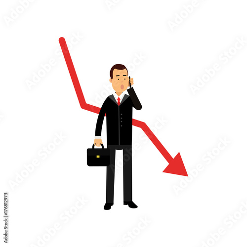 Stressed businessman character talking on the phone against red graph going down, business and financial failure, bad sales, economic crisis vector Illustration