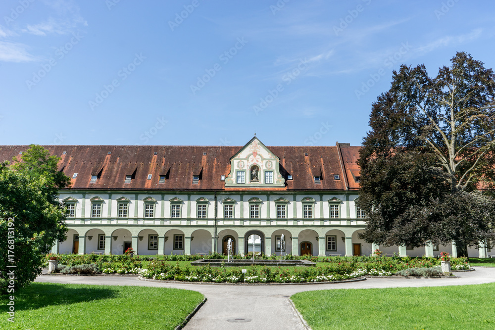 baroque monastery / Benedictbeuern monastery in Bavaria, Germany with fountains and green areas