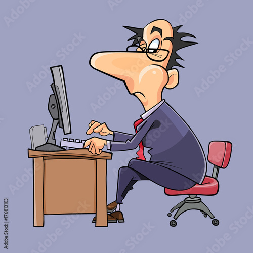 cartoon man in suit and tie working at computer