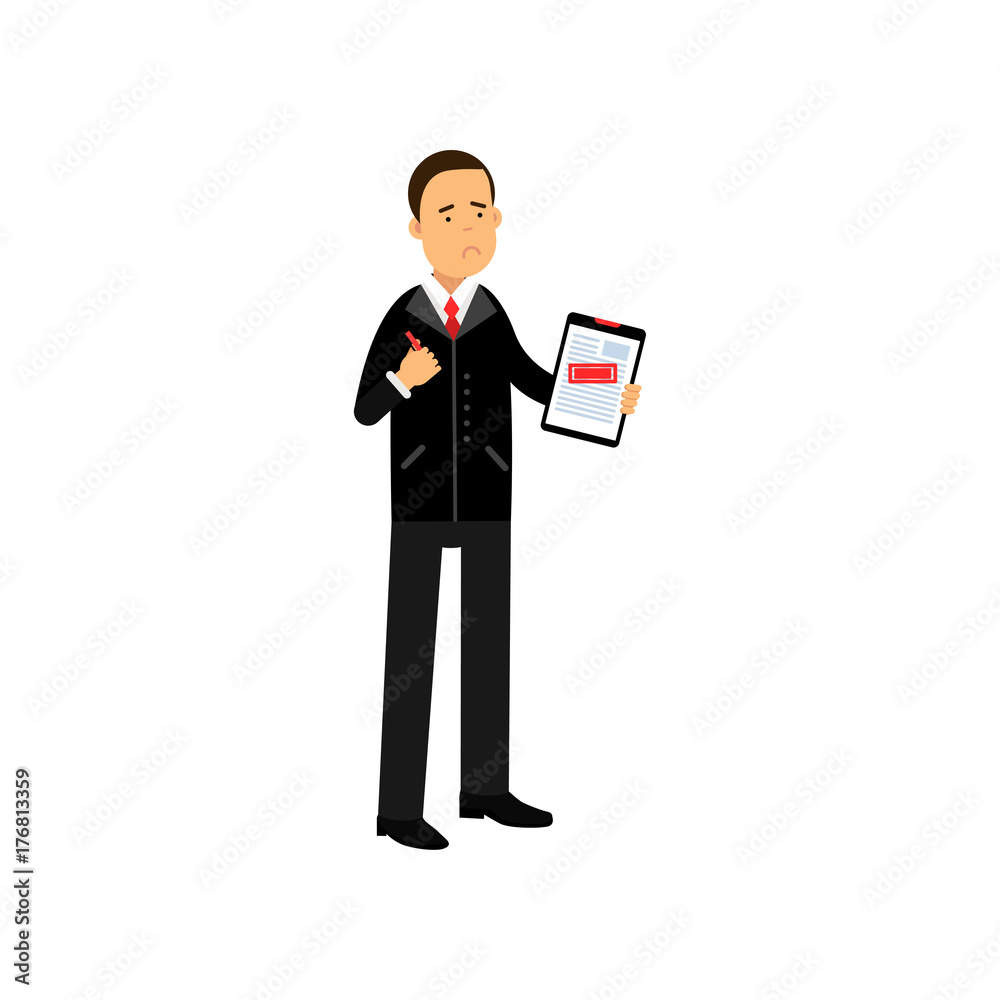 Sad businessman character holding rejected application form, business and financial failure, economic crisis vector Illustration Sad businessman character holding rejected application form, business and financial failure, economic crisis vector Illustration