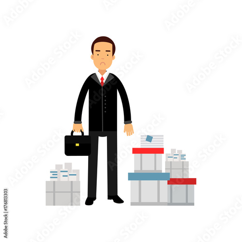 Frustrated businessman character standing among paper documents, overloaded office worker, business and financial failure vector Illustration