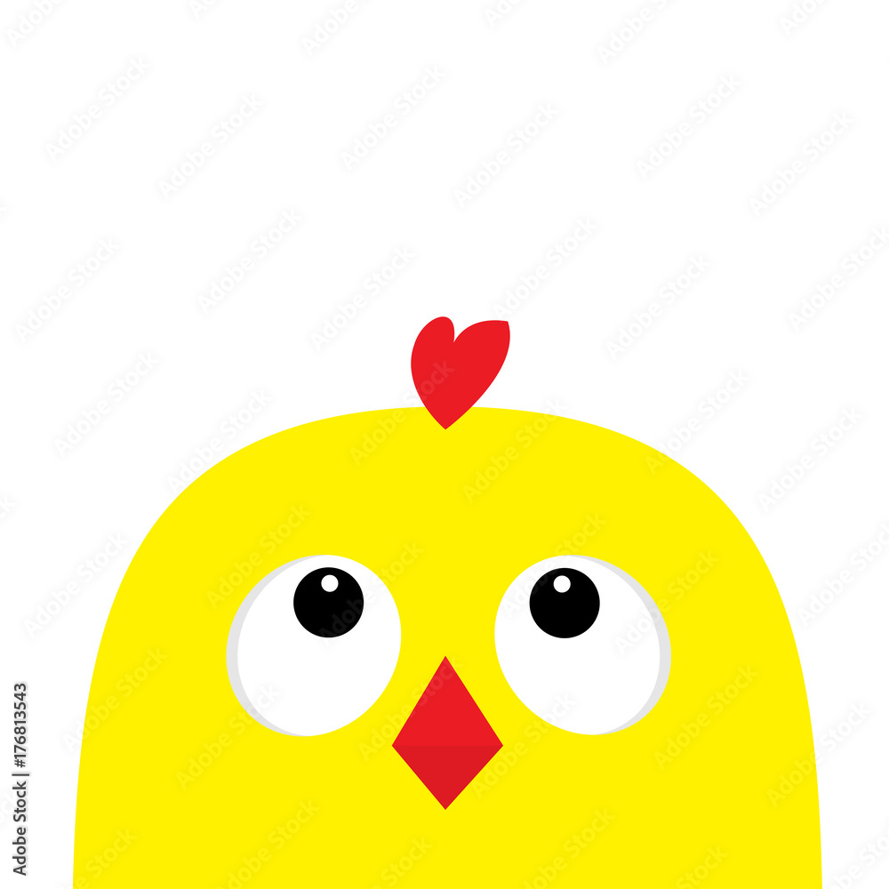 Chicken head face big eyes red beak looking up. Happy Easter sign symbol. Cute cartoon character. Baby collection. Flat design. White background. Isolated.