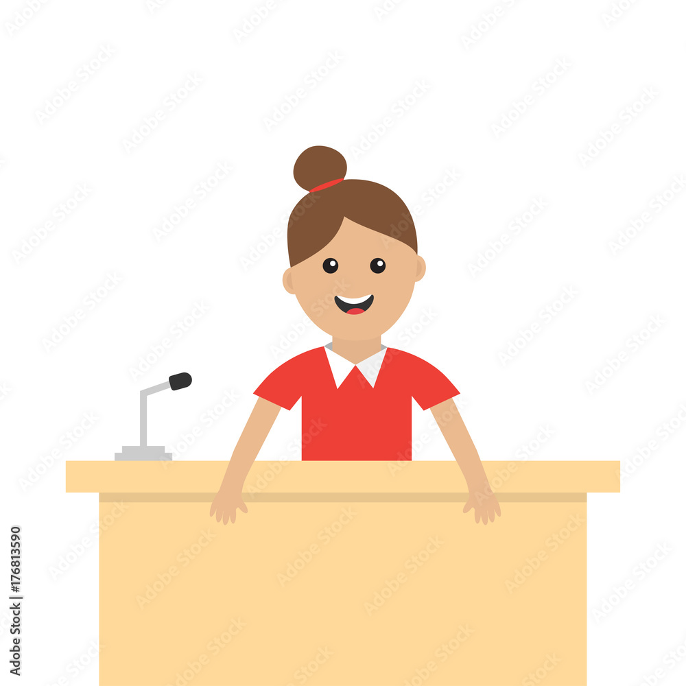 Women female girl people consultant. Table Information desk counter microphone. Reception service. Info support. Cute cartoon character. Flat design White background