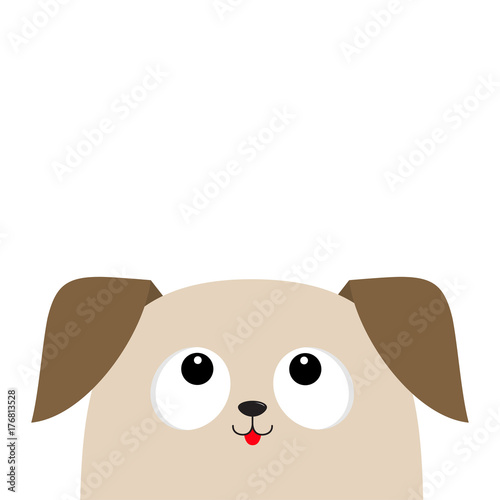 Dog puppy head looking up. Cute cartoon character. Pet baby collection. Mouth with tongue. Big eyes. Isolated. White background. Flat design.