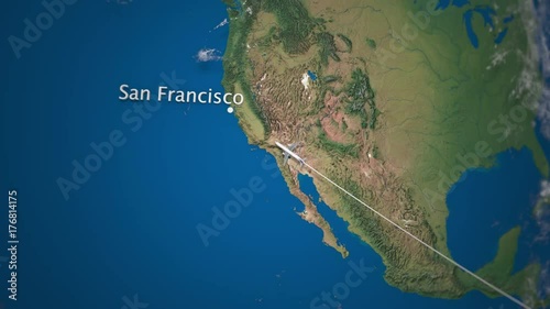 Route of commercial airplane flying from Rio de Janeiro to San Francisco on the Earth globe. International trip intro animation photo