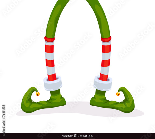 Legs Christmas Elf in green shoes with bells, in striped stockings and in short red breeches. Humorous xmas collection. Creative festive background. Vector