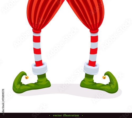 Legs Christmas Elf in green shoes with bells, in striped stockings and in short red breeches. Humorous xmas collection. Creative festive background. Vector