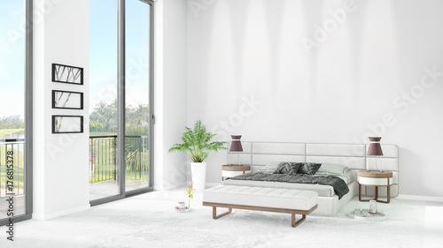 Brand new white loft bedroom minimal style interior design with copyspace wall and view out of window. 3D Rendering.