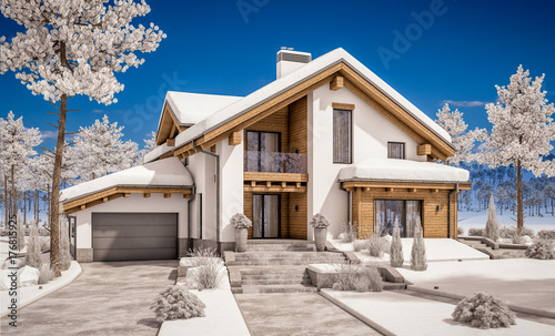3d rendering of modern cozy house in chalet style © korisbo
