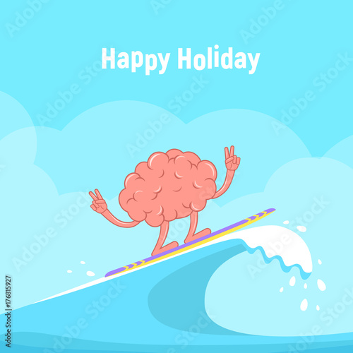 Surfing. Cartoon Brain on surfboard rides on the wave. Concept design of rest, summer holidays and sport lifestyle.