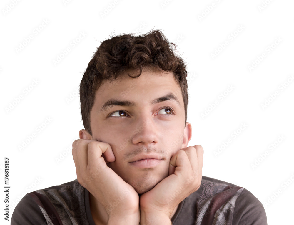 young person thinking looking up, portrait isolated on white young person thinking looking up, portrait isolated on white